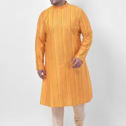 DEYANN PLUS Men Yellow Striped Jacquard Silk Woven Kurta-image-5