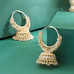 Yellow Chimes Gold Plated Kundan Studded Contemporary Jhumkas Earrings-image-38