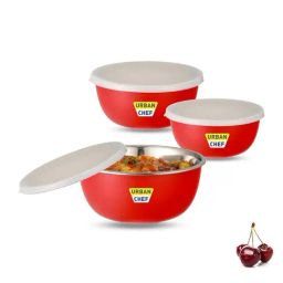 Urban Chef Red Stainless Steel Microwave Safe Serving Bowl With Lid - Set of 3-43