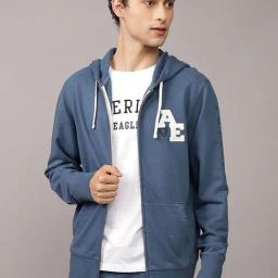 American Eagle Navy Regular Fit Logo Printed Hooded Sweatshirt-image-37