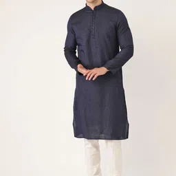 Manyavar Men Navy Blue & White Self Design Kurta with Churidar-50