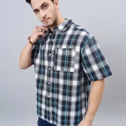 CHIMPAAANZEE Navy & White Loose Fit Check Oversized Shirt-picture-8