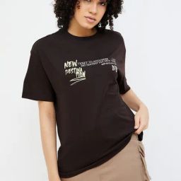 Ginger by Lifestyle Brown Graphic Print Oversized T-Shirt-image-6