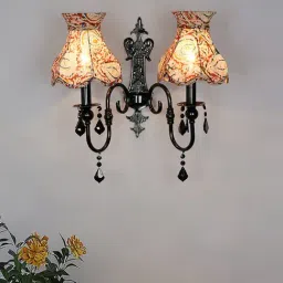 FOS LIGHTING Black Double Wall Sconce with kalamkari Shades and Crystals-image-40
