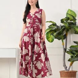 DECKEDUP Burgundy Cotton Printed A-Line Dress-picture-14