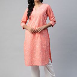 akheri Women Peach-Coloured Ethnic Motifs Embroidered Chikankari Cotton Kurta-picture-20
