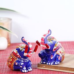 CraftVatika Set Of 2 Blue & Red Hand-Painted Metal Elephant Pair Figurine-2