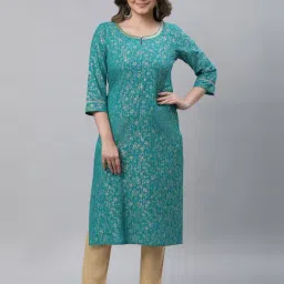Aurelia Green Cotton Printed Straight Kurta-image-11