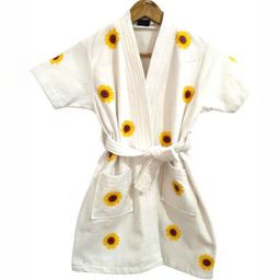 GAB Kids White & Yellow Printed Pure Cotton Shawl Neck Bath Robe With Belt-25