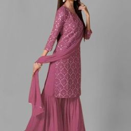 PARROT CREATION Geometric Embroidered Georgette Straight Kurta With Sharara & Dupatta image 3
