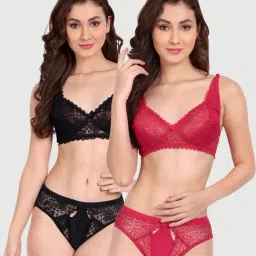 FIMS Pink & Black Lace Work Bra Panty Sets - Pack Of 2-image-95