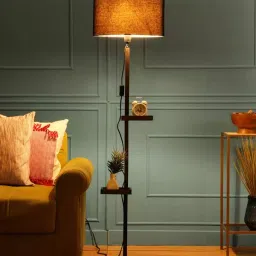 Sanded Edge Black Miller Double Shelf Floor Lamp in Solid Wood with Walnut Color Base image 3