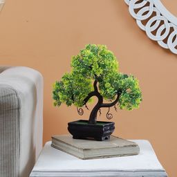 Foliyaj S Shaped Bonsai Tree With Green and Yellow Flowers in Brown Pot-46