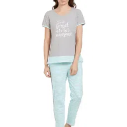 Soie Grey & Blue Printed Cotton Top With Pyjamas-image-66