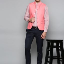 Blackberrys Men Pink Solid Linen Slim Fit Nehru Jacket-49