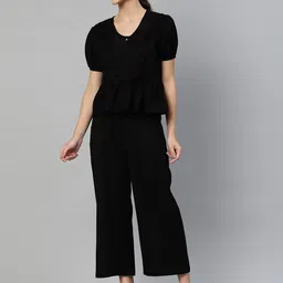 DEEBACO Women Black Solid Pure Cotton Top with Trousers-52