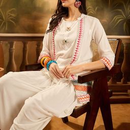 Sangria Embroidered Round Neck A-Line Kurti & Dhoti Pant With Jacket-23