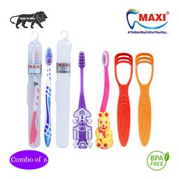 MAXI Mommy & Baby Oral Care Combo of 6-1 Zoom Car Junior Toothbrush & 1 Bingo Junior Toothbrush & (2 Adult) For You Toothbrush & (2  TC) 1 Number Tongue Cleaner-5