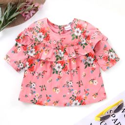 Babyhug Three Fourth Sleeves Rayon Top With Frill Detailing And Floral Print- Pink-image-112