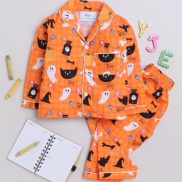 Knitting Doodles Premium Cotton Full Sleeves Halloween Theme Printed    Coordinating Night Suit - Orange-image-40