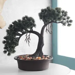 Foliyaj Artificial Shoe Horn Shaped Bonsai Pine Tree with a Brown Oval Pot-picture-0