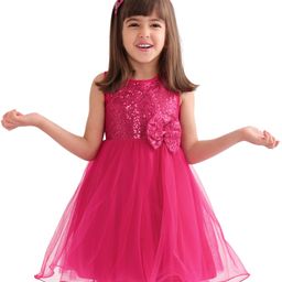 Babyhug WovenSleeveless Party Wear Fit and Flare Sequinned Dress with Bow Applique - Red-image-25