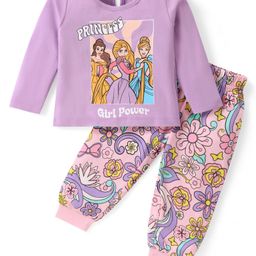 Babyhug Disney Single Jersey Full Sleeves Night Suit with Princess & Floral Print - Purple-picture-9