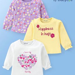 Babyoye 100% Cotton Knit Eco- Jiva Finish Full Sleeves Tops with Floral & Heart Print Pack of 3 - Purple Yellow & White-image-23