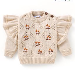 Babyoye 100% Cotton Knitted Full Sleeves Pullover Sweater with Floral Embroidery & Frill Detailing - Beige-image-99