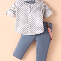 ToffyHouse Poplin Woven Full Sleeves Digital Printed Party Shirt & Trouser Set With Bow & Suspender - White & Blue-image-15