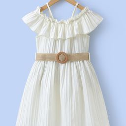 Kookie Kids Off Shoulder Sleeves Solid Colour Frock with Frill Detailing & Belt - Cream-image-40
