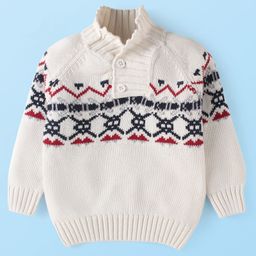 Babyhug Cotton Knitted Full Sleeves Pullover Sweater With Aztec Design - White-image-88