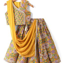 Babyhug Woven Sleeveless Floral Printed & Lace Detailing Lehenga Choli Set With Dupatta - Yellow-image-87