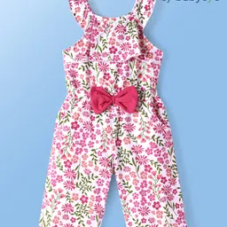 Babyoye Cotton Lycra Knit Sleeveless Jumpsuit With Floral Print & Bow Applique - White-picture-35
