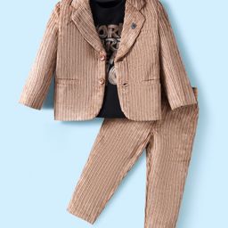 Dapper Dudes Full Sleeves Abstract Printed Ribbed Blazer With Typography Printed Tee & Pant - Brown-image-1