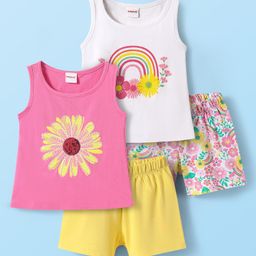 Babyhug Single Jersey Knit Sleeveless Tank Top & Shorts Set With Floral Print Pack Of 2 - Yellow & Pink-image-83