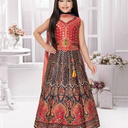 Tiny Kingdom Sleeveless Floral Printed & Mirrorwork Detailed Lehenga Choli With Dupatta Set - Red-image-56