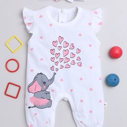 BUMZEE Cotton Woven Frill Sleeves Elephant & Heart Printed Romper With Headband - White-picture-7