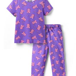 Pine Kids Single Jersey Knit Half Sleeves Co-ords Night Suit with Bear Print - Purple-image-61