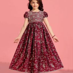 MASTARANG Blended Half Puffed Sleeves Floral Embroidered & Lace Embellished Gown - Wine-image-41