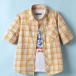 Pine Kids 100% Cotton Full Sleeves Checks Shirt With Text Printed Tank T-Shirt - Yellow & White-image-76