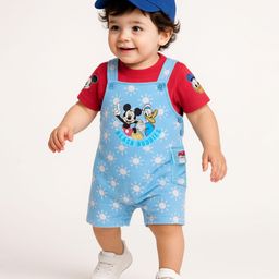 Babyhug Disney Single Jersey Knit Half Sleeves T-Shirt & Dungaree Set With Mickey Mouse Graphics And Pocket Detailing - Light Blue & Red-image-23