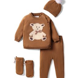 Yellow Apple Knit Full Raglan Sleeves Sweater Set with Bear Design Booties & Cap - Brown-image-47