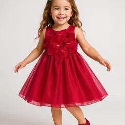 Babyhug Woven Sleeveless Solid Color Party Dress with Floral Applique - Red-picture-16