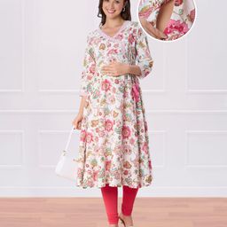 Bella Mama Woven Three Fourth Sleeves V Neck Maternity Kurta With Floral Print - White & Pink-image-7