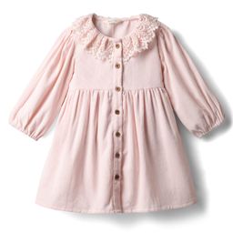 Bonfino 100% Cotton Corduroy Three Forth Sleeves Frock With Lace Collar - Pink-image-62