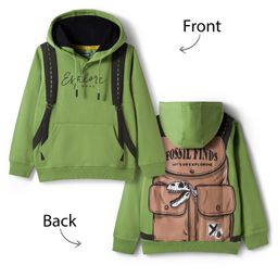 Pine Kids Cotton Knit Full Sleeves Hooded Sweatshirt With Front & Back Explorer Print & Kangaroo Pockets - Green-picture-12
