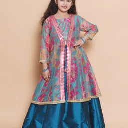 Bitiya By Bhama Silk Woven Floral Printed Gota Lace Embellished Lehenga Choli With Three Fourth Sleeves Shrug Set - Blue-picture-4