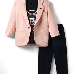 Dapper Dudes Full Sleeves Chevron Textured Blazer With Typography Printed Tee & Pant Set - Orange-picture-6