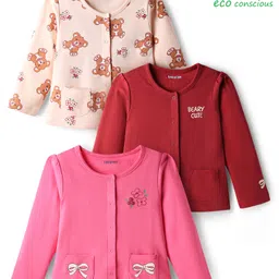 Babyoye 100% Cotton Knit Eco Jiva Finish Full Sleeves Jhablas with Pockets Teddy & Bow Print Pack of 3 - Maroon Peach & Dark Pink-picture-22